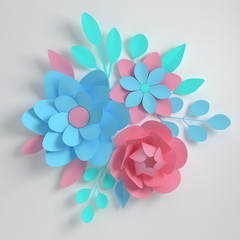 Paper pastel colored flowers on white background