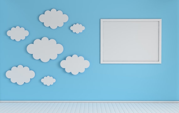 Interior of nursery with mock up photo frame and paper clouds decoration. White and blue colors. 3d render. Cosy childroom with empty poster mockup for text or photo