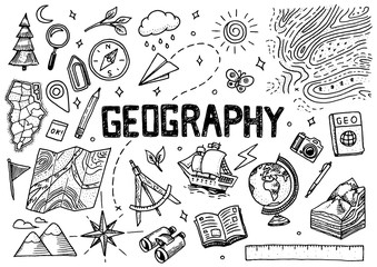 Set of geography symbols. Equipments for web banners. Vintage outline sketch for web banners. Doodle style. Education concept. Back to school background. Hand drawn style. © artbalitskiy