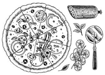 Slice of pizza with cheese. yummy italian vegetarian food with tomatoes, olives and eggplant. Label for restaurant menu. Hand drawn template. Vintage sketch style.