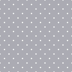 Gray and White Polka Dots Seamless Pattern - Classic white polka dots on trendy gray background seamless pattern - obrazy, fototapety, plakaty