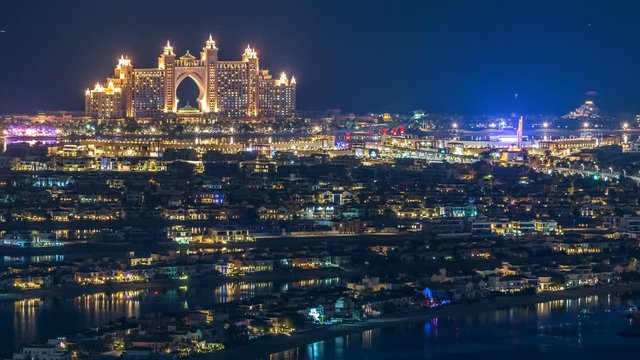 Aerial view of Palm Jumeirah Island night timelapse.