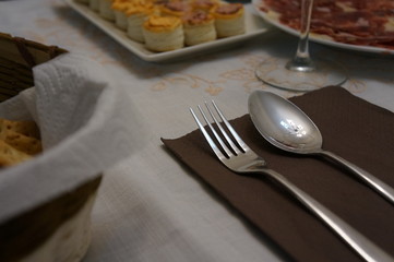 Silver cutlery for dinner with plates and napkins