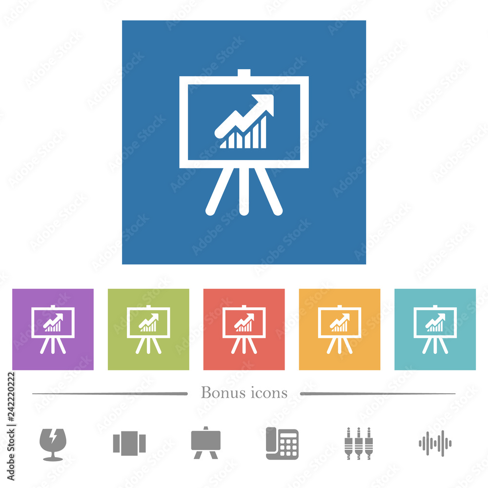 Aufkleber presentation table with rising graph flat white icons in square backgrounds
