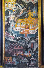 Ancient Buddhist temple mural painting of the life of Buddha inside of Wat Pho in Bangkok, Thailand