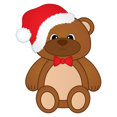 Vector cute Christmas teddy bear with red bow and Santa hat. Christmas teddy bear vector illustration