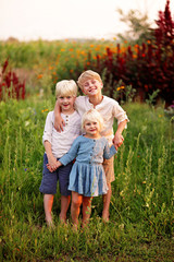 Three Sweet Little Farm Children Posing for Portrait in Country Garden