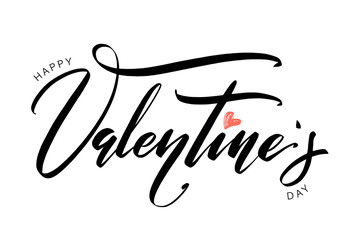 Valentines Day creative artistic hand drawn card. Vector illustration. Love, romantic template. Happy Valentine's day words by hand with red heart shape inside.