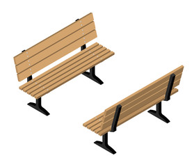 Isometric flat wooden park bench set. Vector illustration.