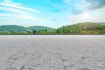 Empty Plaza Floor Bricks and Beautiful Natural Landscape..