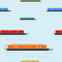 Editable Flat Style Side View Narrow Boat Vector Illustration With Water Waves Seamless Pattern for Creating Background of Transportation or Recreation of United Kingdom or Europe