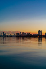 Skyline of Chicago at sunset on the lake