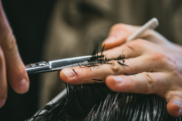 Men's hairstyling and haircutting in a barber shop or hair salon.