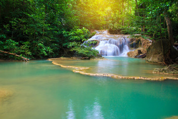 Waterfalls In Deep Forest at Erawan Waterfall in National Park Kanchanaburi Thailand