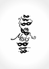 Vector Masks. Black hand draw template carnival masks. Masquerade masks original graphic pattern imitation of painting with brush and ink.