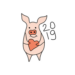 Cute pig with a heart. 2019. A cartoon character for the feast of St. Valentine in the year of the pig in the Chinese calendar. Cute pig gives heart. 