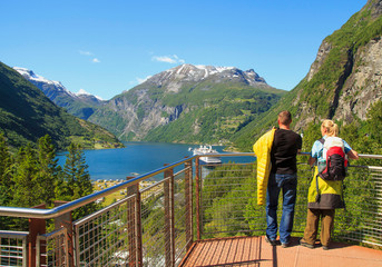 Geiranger Fjord, Ferry, Mountains. Beautiful Nature Norway panorama