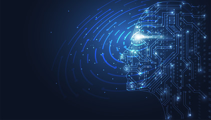Artificial intelligence. Abstract geometric Human head outline with circuit board. Technology and engineering concept background. Vector illustration