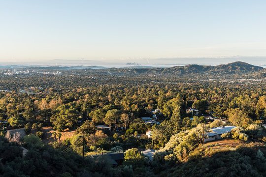 Morning view of Altadena, Pasadena and downtown Los Angeles from San Gabriel Mountains hilltop in Southern California.