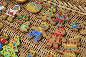 Fototapeta na wymiar Homemade Christmas gingerbread cookies decorated with children