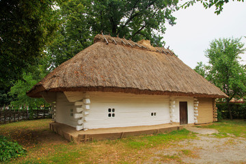 Traditional Ukrainian Village Museum in the village Morintsy on a summer day.