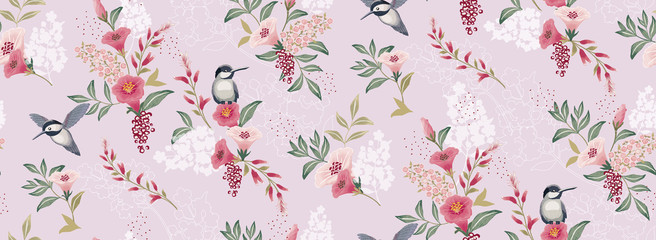  Vector illustration of a seamless floral pattern with cute birds in spring for Wedding, anniversary, birthday and party. Design for banner, poster, card, invitation and scrapbook 