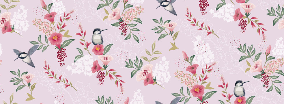  Vector illustration of a seamless floral pattern with cute birds in spring for Wedding, anniversary, birthday and party. Design for banner, poster, card, invitation and scrapbook 