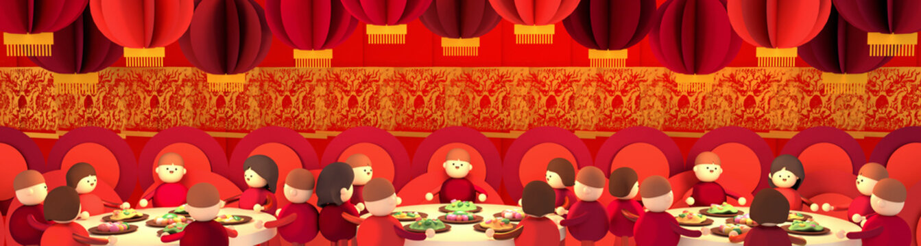 Chinese New Year family reunion dinner. 3d rendering picture.