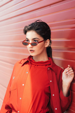 Fashionable Girl In Red Monochrome