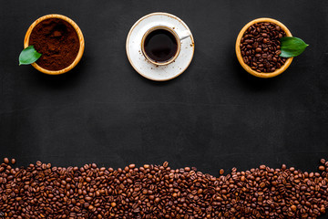 coffee background with beans and cup of americano black table flat lay space for text