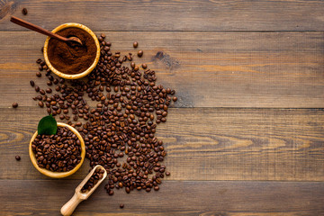 coffee bean on wooden table background top view mockup