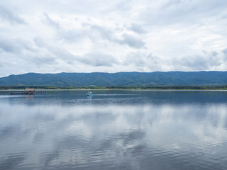 Scenic view landscape of lake and mountains in Northern Thailand.