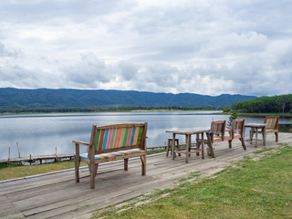 Scenic view landscape of lake and mountains in Northern Thailand.