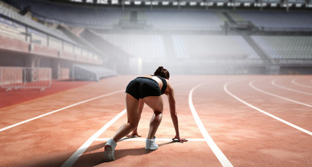 Sportswoman running race. Mixed media