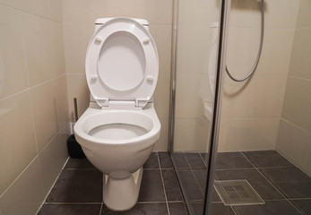 white toilet bowl with shower cabin on luxury hotel bathroom