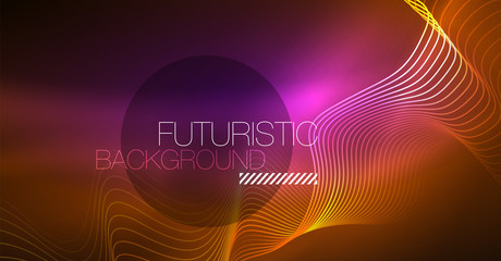 Abstract shiny glowinng color wave design element on dark background - science or technology concept