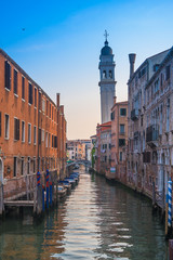 Venice canal view church tower