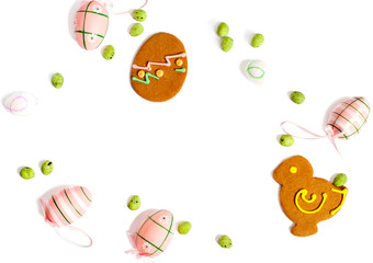 Easter cookies and decoration egg on white background with copy space. Easter holiday concept. Flat lay pattern