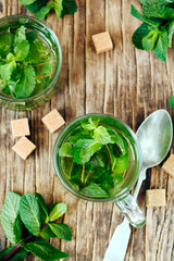 Cup of Mint tea on wooden background