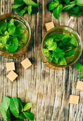 Mint tea on wooden background