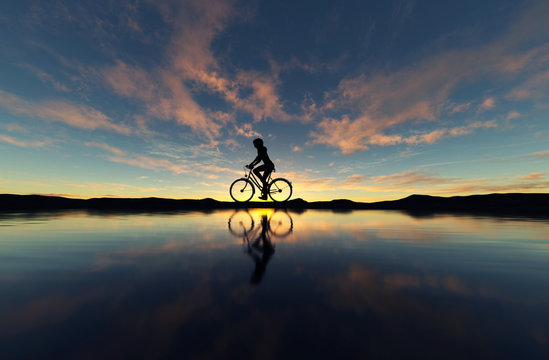 Silhouette of young woman cyclist on sunset,3d illustration