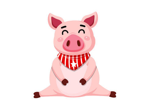 Cute cartoon fat Pig characters isolated on white background. Vector Illustration cartoon style.