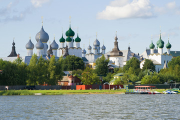 View of domes of the Kremlin of Rostov Veliky in the July evening. Yaroslavl region, Russia