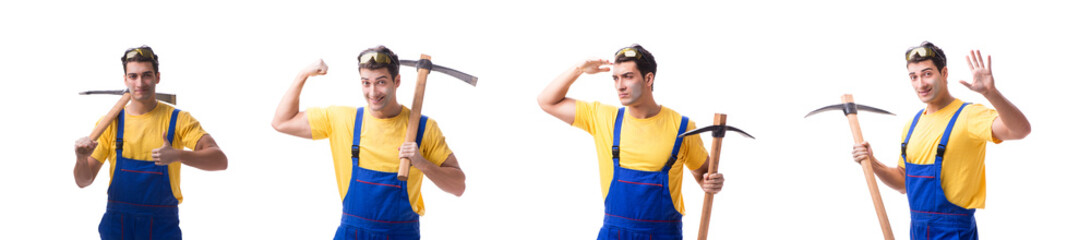 Fototapeta premium Young man contractor with axe isolated on white