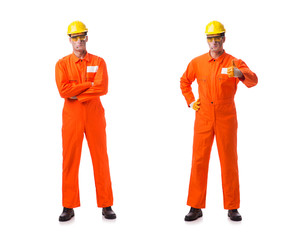 Contractor employee wearing coveralls isolated on white