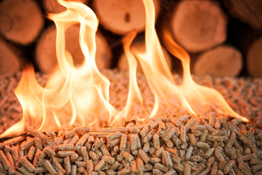 Burning pellets and pile of wood