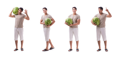 Young man with watermelon isolated on white