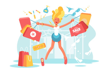 Cartoon happy blonde with shopping bags