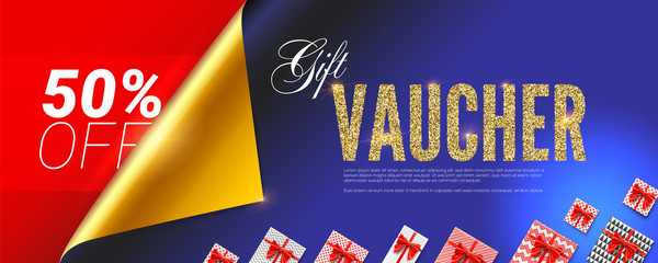 Gift voucher. Premium design of certificate for VIP persons. Coupon with golden glittering text, gift boxes and curled open corner of wrapping paper. Vector 3d illustration for discount actions.