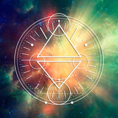 Mystical geometry symbol. Linear occult, philosophical sign. For music album cover, poster, sacramental design. Elements of this image furnished by NASA. Deep space filled with stars and galaxy.